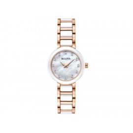 BULOVA 98P160 Dama Dress Reloj con caja y brazalete de acero inoxidable y cerámica en dos tonos (oro rosa - blanco) - Envío Grat