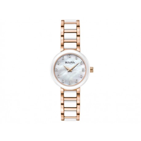 BULOVA 98P160 Dama Dress Reloj con caja y brazalete de acero inoxidable y cerámica en dos tonos (oro rosa - blanco) - Envío Grat